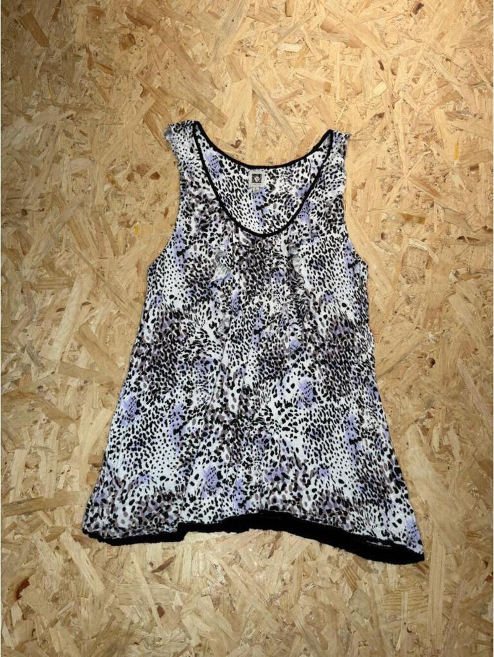 Anne Klein Women's Size L Purple Black Animal Print Sleeveless Ruffle Blouse Top